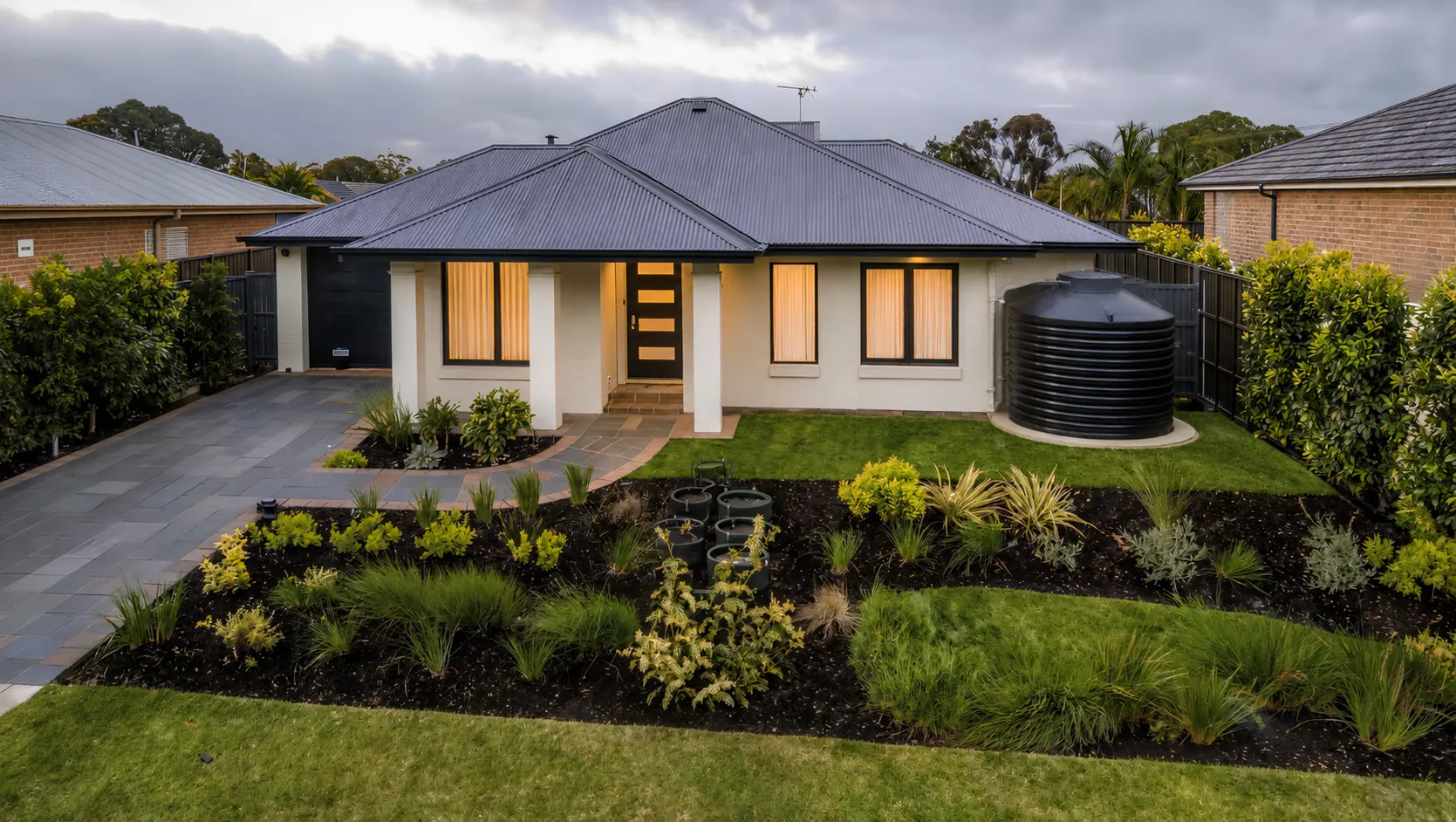 Slimline rainwater tank connected to guttering at a Melbourne property