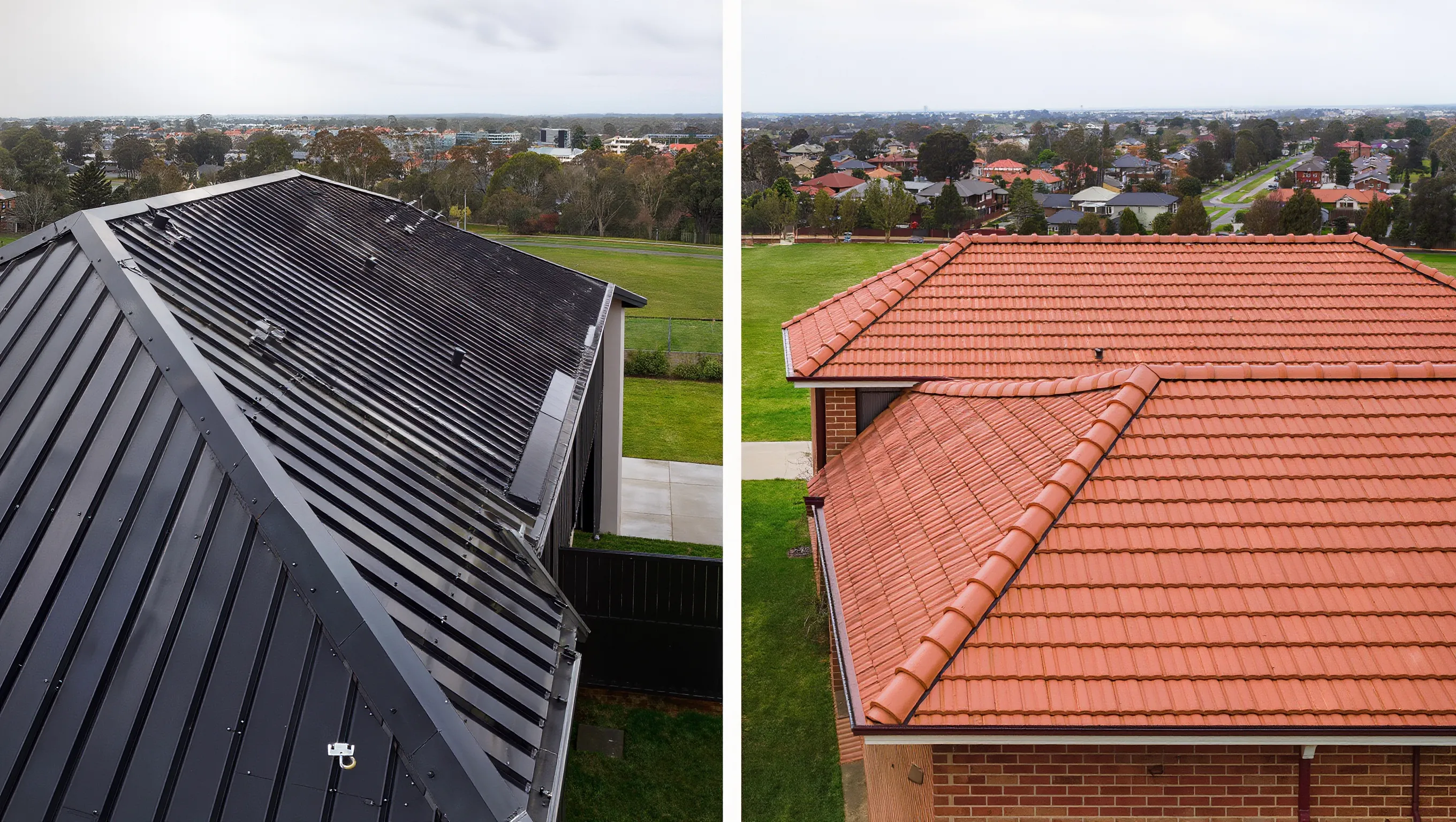 Side-by-side comparison of Colorbond metal roofing and terracotta tile roof on Melbourne homes