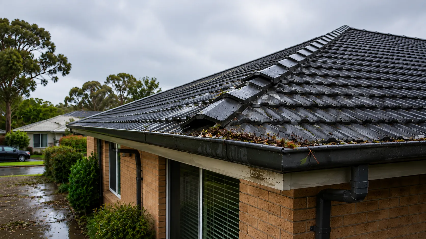 Storm-damaged roof tiles on a Melbourne home after severe weather