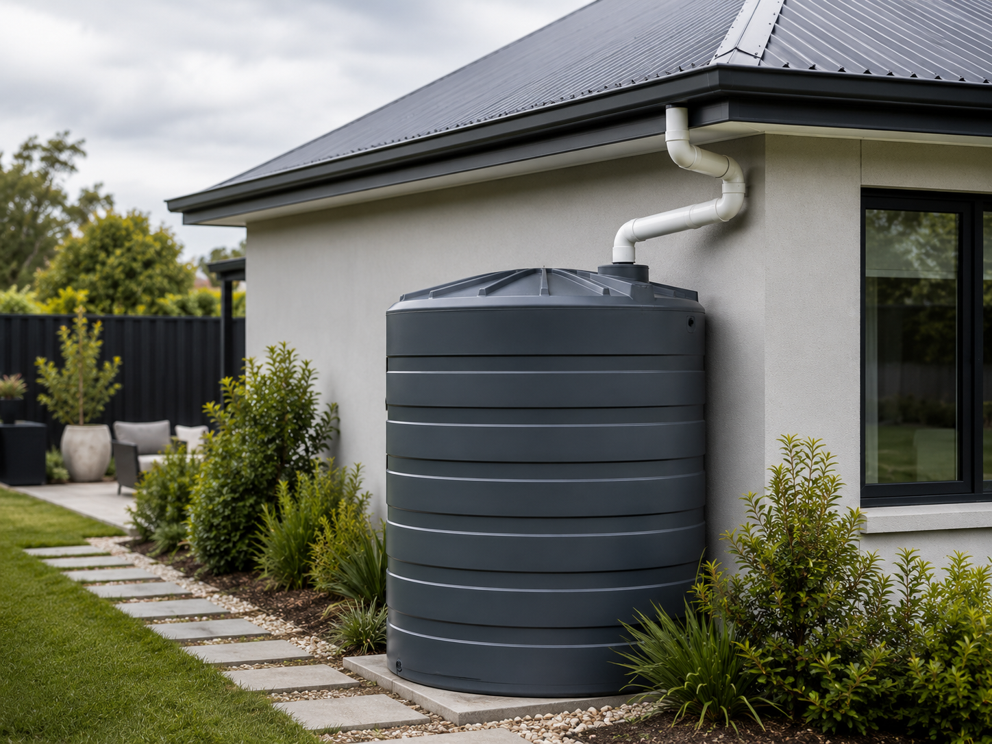 Slimline rainwater tank connected to guttering at a Melbourne property