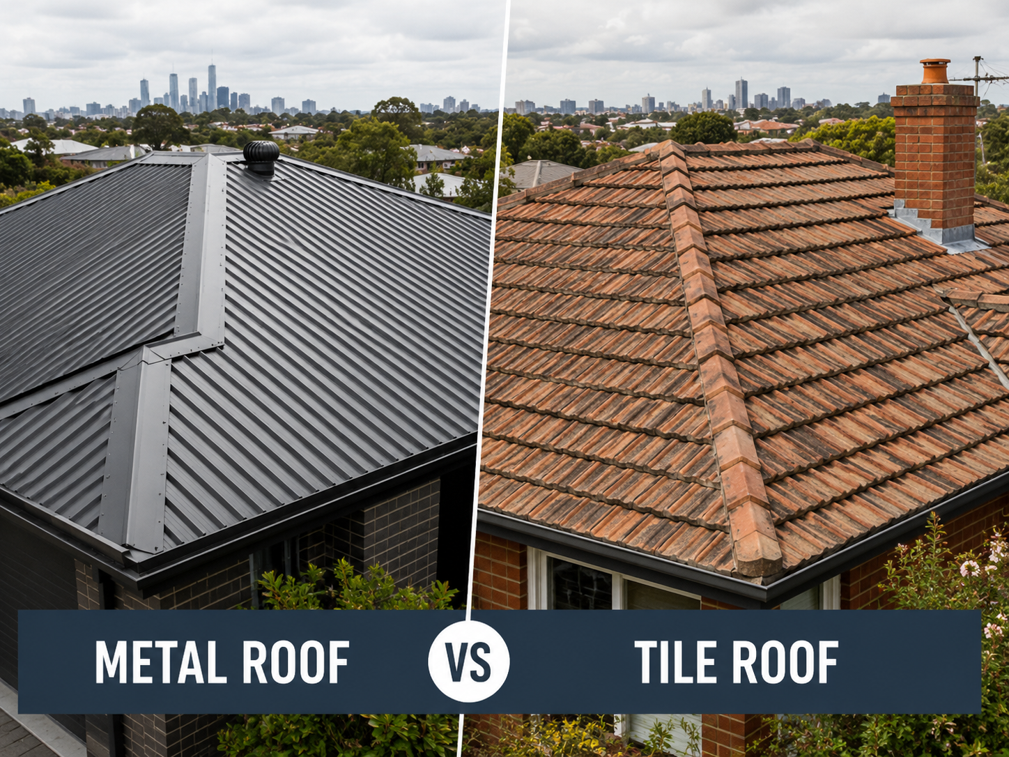 Side-by-side comparison of Colorbond metal roofing and terracotta tile roof on Melbourne homes
