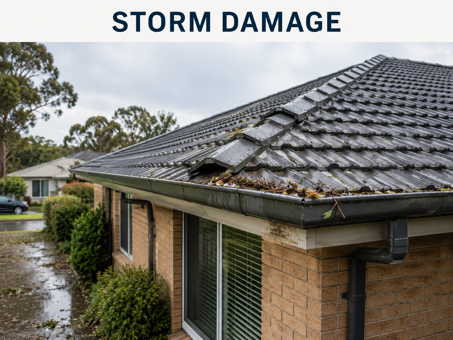 Storm-damaged roof tiles on a Melbourne home after severe weather